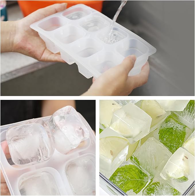 LONGFITE Collapsible Ice Cube Trays 2 Pack Silicone Foldable Folding Large Ice Cube Molds with Lid and Soft Bottom for Easy Release