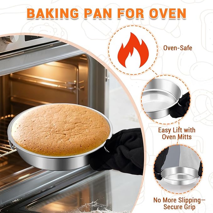 BEWOS 103 Pcs 7.4" Round Cake Pans - Nonstick Stainless Steel Cake Pans with 100 Pcs Parchment Paper, Non-Toxic Cake Baking Pans with Handles, Mirror Finish & Dishwasher Safe