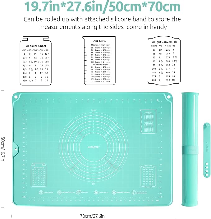 U-Taste 28"x20" Large Pastry Mat: Food-Grade Liquid Silicone Dough Rolling Baking Sheet, Non-Stick Non-Slip for Kneading, Making Pizza, Fondant, Pie with Clear Measurement and Raised Edges (Aqua Sky)