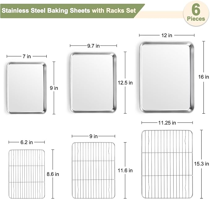 TeamFar Baking Sheet with Rack Set (3 Pans + 3 Racks), 16/12.5/9 Inch Stainless Steel Cookie Sheets Baking Pans Trays and Cooling Racks for Cooking Roasting, Non-Toxic & Heavy Duty, Dishwasher Safe