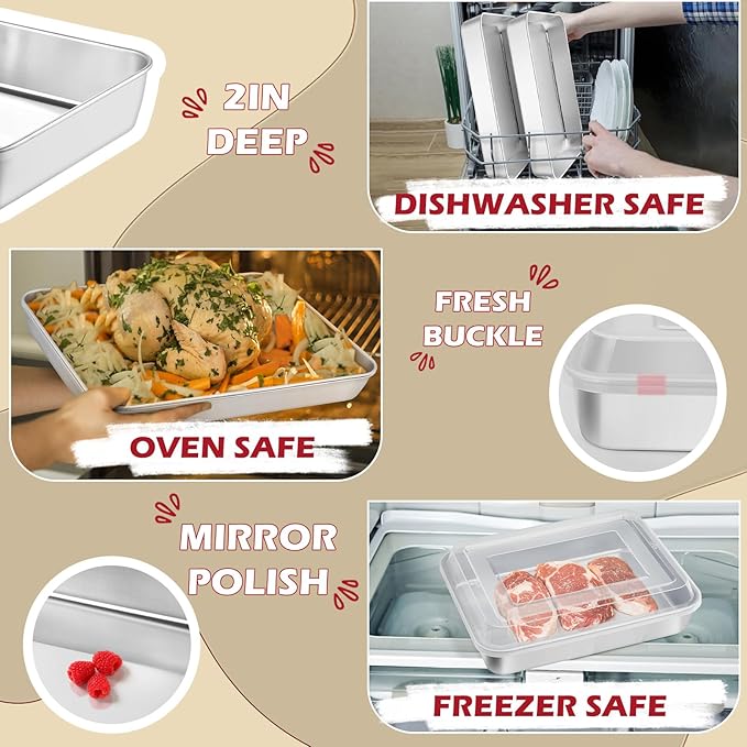 Leonyo Lasagna Pan with Lid, 10.5 x 8 x 2 Inch Rectangular Cake Pan with Lid, Stainless Steel Baking Sheet Brownies Casseroles Deep Tray for Toaster Oven, Focaccia, Fish, Chicken