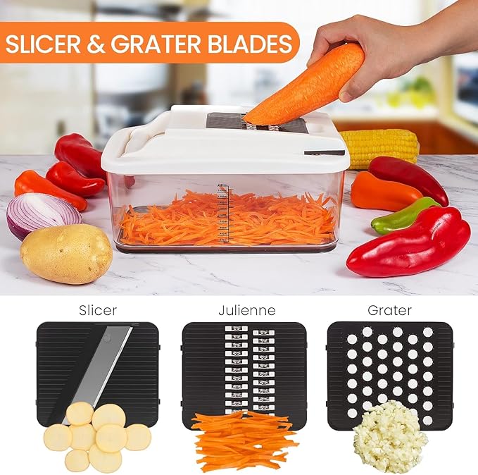 RüK Vegetable Chopper, Extra Large Chopper Vegetable Cutter, Multifunctional 10-in-1 Pro Food Chopper - 6 Blades, 4 Vegetable Spiralizers, E-Recipes - Veggie Chopper with Container