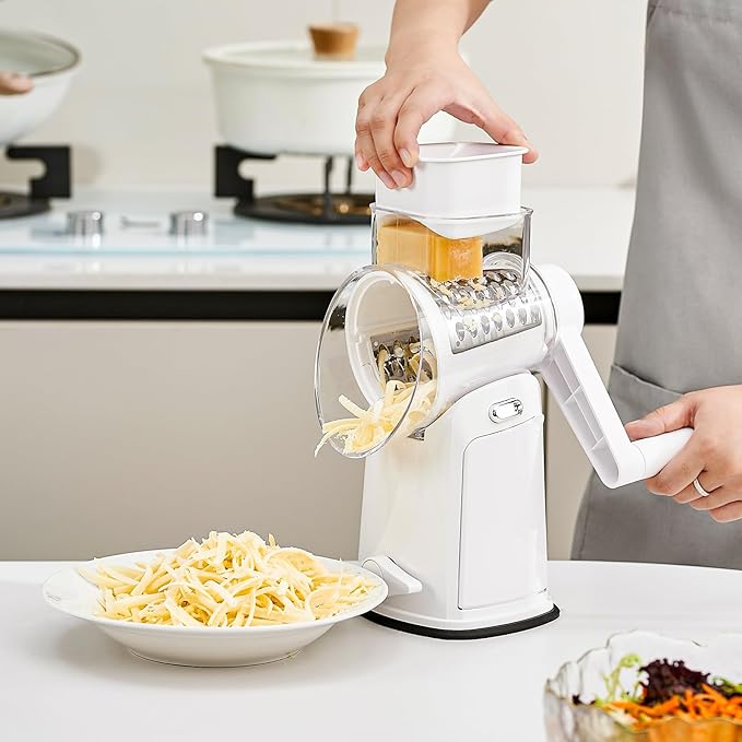 Rotary Cheese Grater Hand Crank, 5 in 1 Mandoline Vegetable Slicer - 5 Sets of Blades,Strong Suction Base&Easy to Clean - Kitchen Cheese Grater Shredder with Handle for Fruit,Vegetable,Nuts