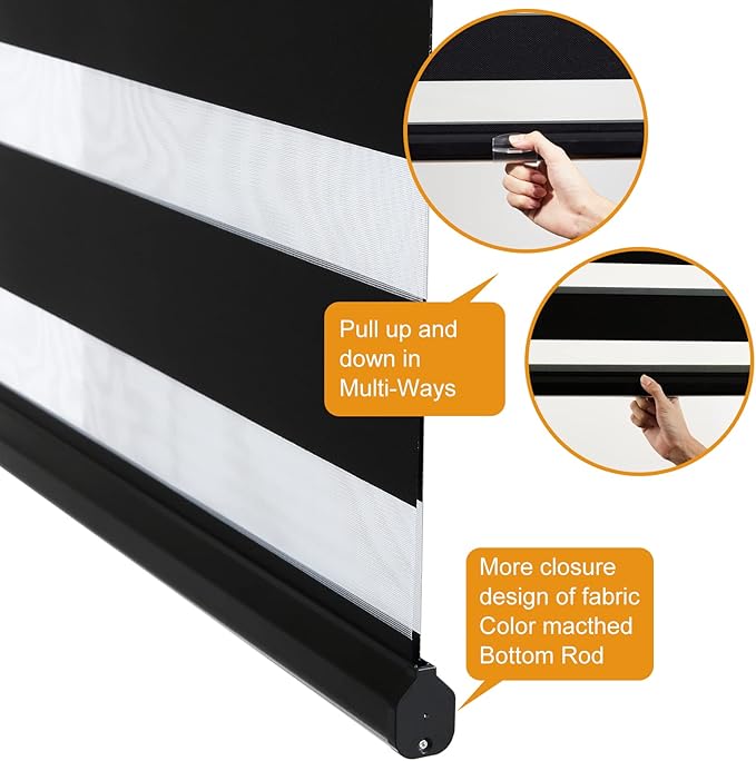 Persilux Custom Size Cordless Zebra Blinds for Windows Free-Stop Roller Windows Shades Dual Layer Light Control for Day and Night, Light Filtering Sheer Shades for Home and Bedroom Black