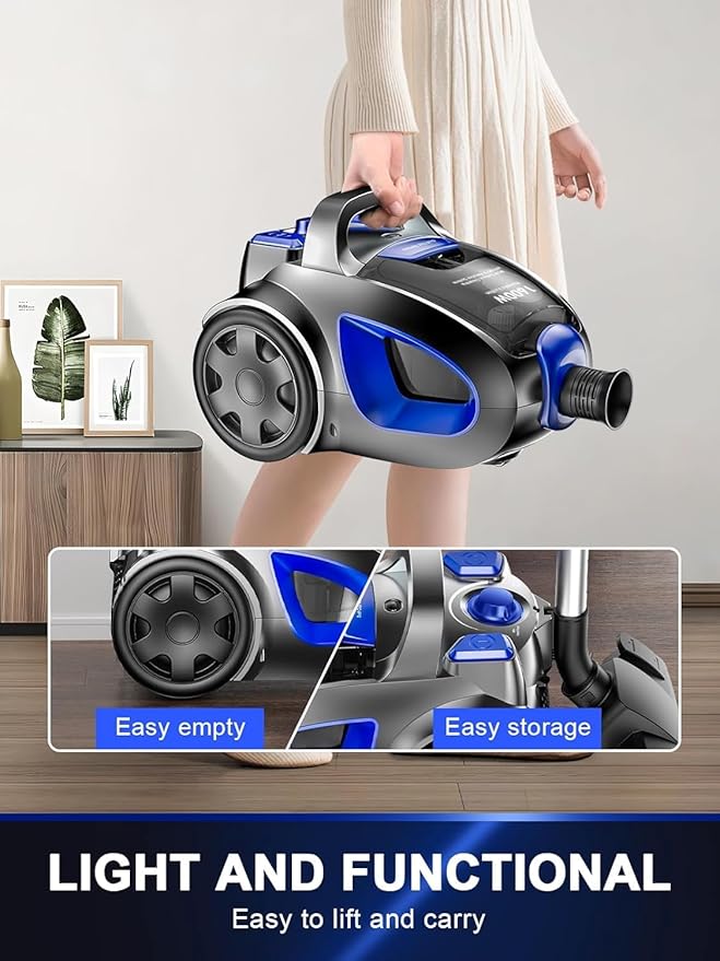 Canister Vacuum Cleaner, 32Kpa 1600W Bagless Vacuum Cleaner, Dust Full Indicator, H13 HEPA Filter, 3.7Qt Large Capacity, Lightweight Vac for Hard Floors, Carpet, Pet, Upholstery, Blue