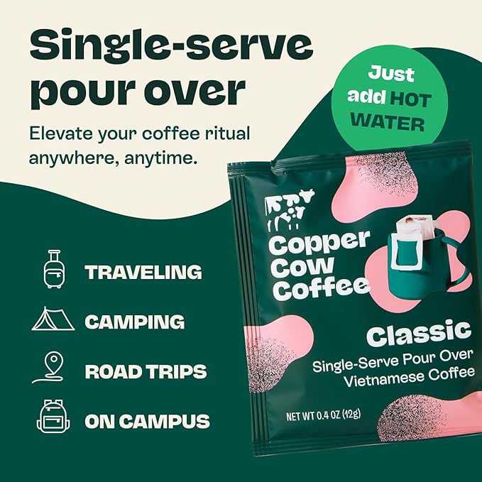Copper Cow Coffee Premium Pour Over Single-Serve Vietnamese Coffee | Best Brews Variety Pack (Includes 5 coffees) | Classic Black, Churro, Vanilla, & Salted Caramel, Travel Friendly