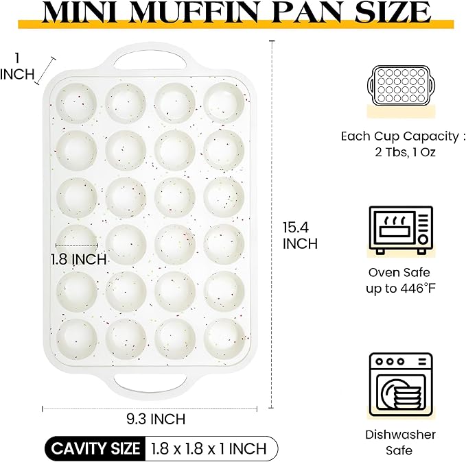 2 Pcs Mini Muffin Pans with Metal Reinforced Frame, 24 Cups Nonstick Silicone Cupcake Tray for Baking, Food Grade Small Muffin Molds with Handles (Cream)