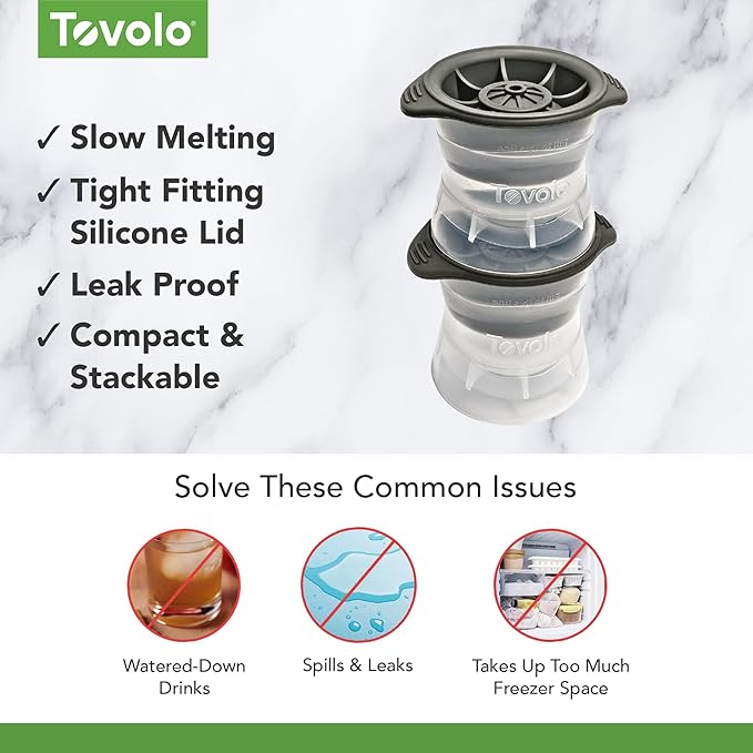 Tovolo Ice Cubes Mold Pack of 2 Large Craft Ice Molds for Whiskey Bourbon Cocktails, Easy Fill No Leak Silicone Ice Molds Gift for Him Stackable Dishwasher Safe BPA Free Heart Ice