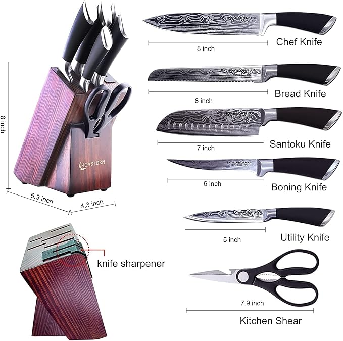 Knife Set, 7-Piece Kitchen Knives Set with Block Professional Stainless Steel Knives Set for Kitchen Damascus Knives Set with Built-in Knife Sharpener for Chef's Family