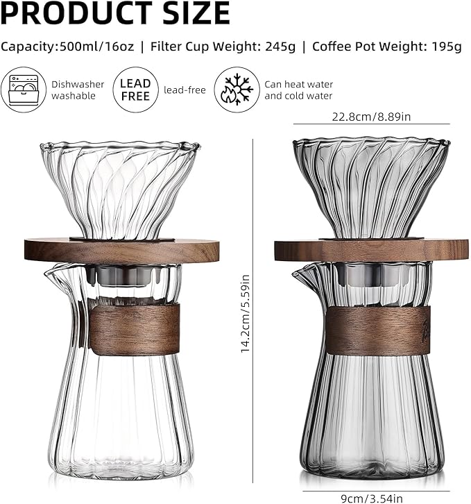 Bincoo Pour Over Coffee Maker Set - 500ML Glass Coffee Server Coffee Carafe with Walnut Dripper and 50PCS Paper Filter, Drip Coffee Maker Set for Home Café Restaurant