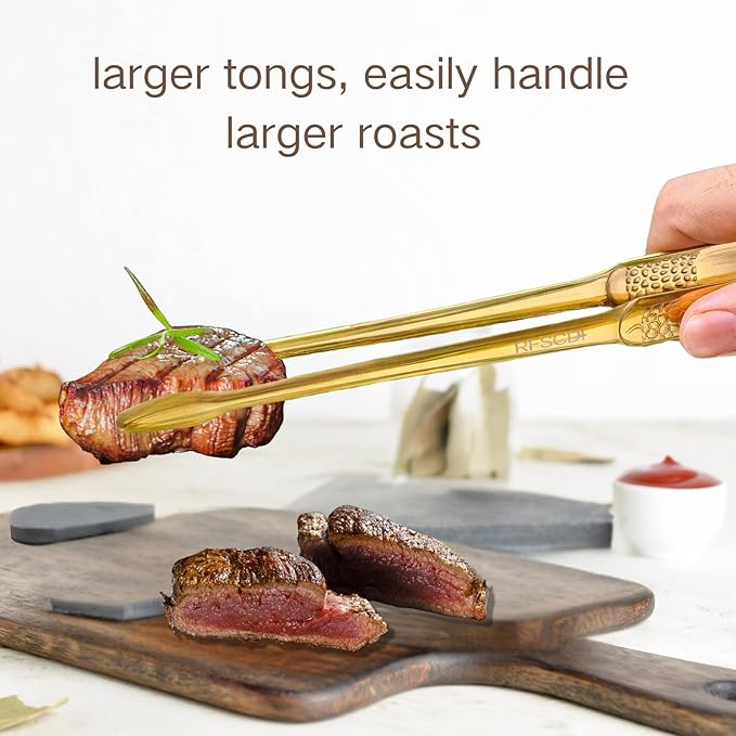Premium Cooking Tongs - 304 Stainless Steel, Comfortable Grip, Non-Slip Design, High Heat Resistant - Ideal for Home, Kitchen, Barbecue & Frying Steak, (gold, 9 Inch)