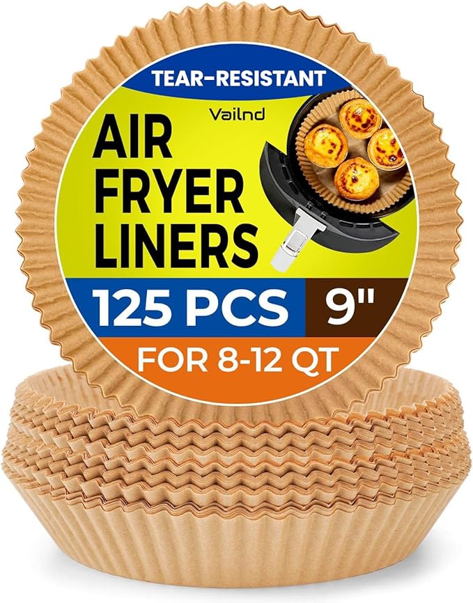 Vailnd 9inch Round Air Fryer Liners Disposable, 125PCS Non-Stick Parchment Paper Liners, Oil Resistant, Waterproof, Food Grade Baking Paper for 5-10 QT Air Fryer Microwave