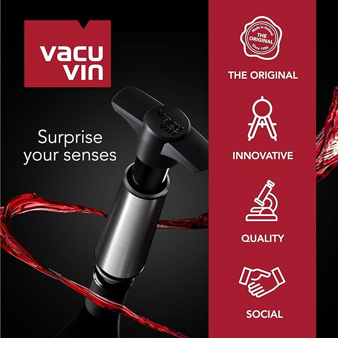 Vacu Vin Wine Saver Pump Red with Vacuum Wine Stopper - Keep Your Wine Fresh for up to 10 Days - 1 Pump 6 Stoppers - Reusable - Made in the Netherlands