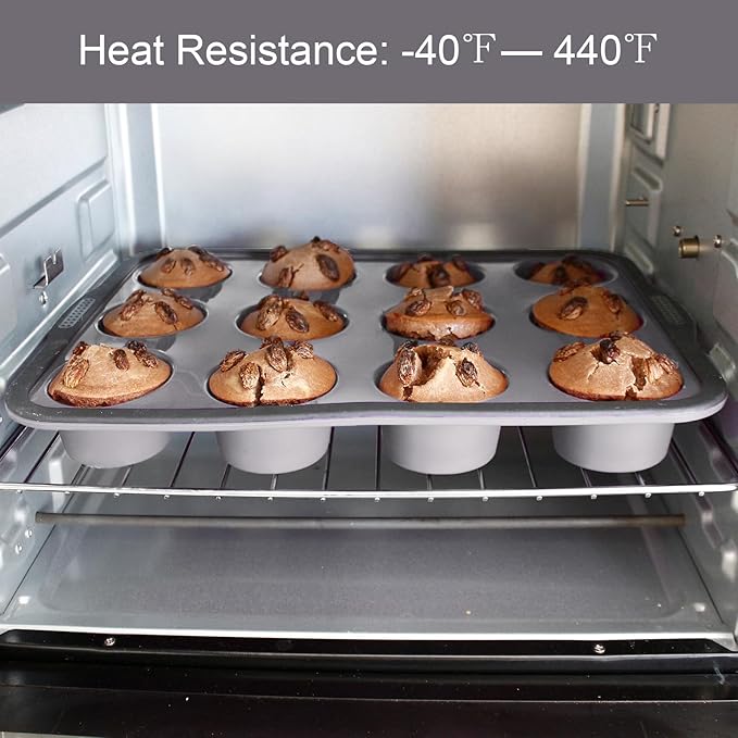 Aichoof Non-Stick Silicone Muffin Pan With Reinforced Stainless Steel Frame Inside,12 Cup Regular Muffin Baking Mold, 12 Cup Muffin Tin, BPA Free,Dishwasher Safe, Gray