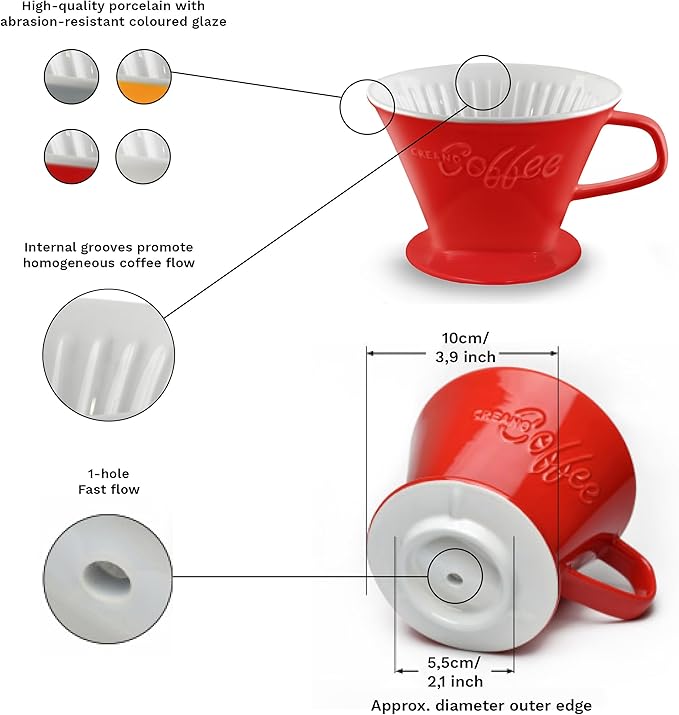 Creano Porcelain Coffee Dripper Red - Ceramic Cone Brewer - Pour Over Coffee Maker for Filter Bags Size 4 - Easy Manual Brew for pure Taste - also for Camping, Hiking