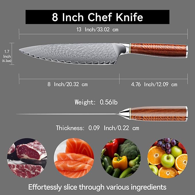 8" Chef's Knife, Japanese Damascus Chefs Knife 67 Layers High Carbon VG10 Steel Core with Wood Ergonomic Handle, Gift Box