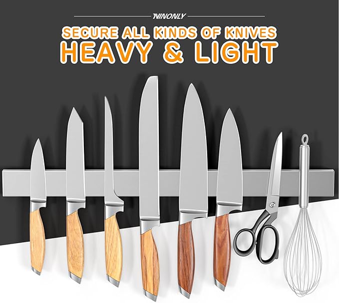 Ninonly 24 Inch Magnetic Knife Holder for Refrigerator, Stainless Steel Double Sided Magnet Knife Strip for Wall, No Drilling Magnetic Knife Rack with Powerful Magnetic Pull Force Fridge Applicable