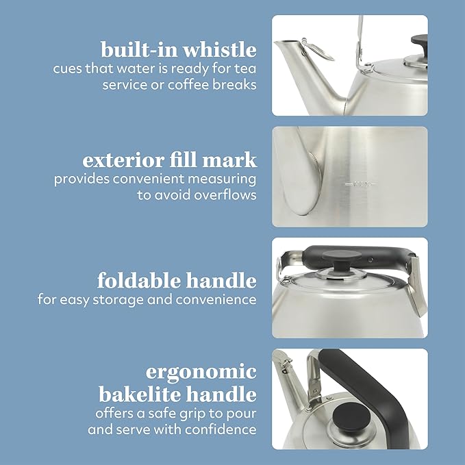 Sur La Table Kitchen Essentials 2 Qt Heavy Gauge Brushed Stainless Steel Whistling Tea Kettle – Durable Stovetop Kettle