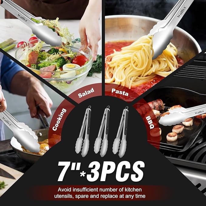 Walfos Kitchen Small Tongs - 7 inch Heavy Duty Mini Food Tongs, Stainless Steel and Non-Slip Heat Resistant Handle - Great for Cooking, Salad, Grilling and Barbecue，3 Piece