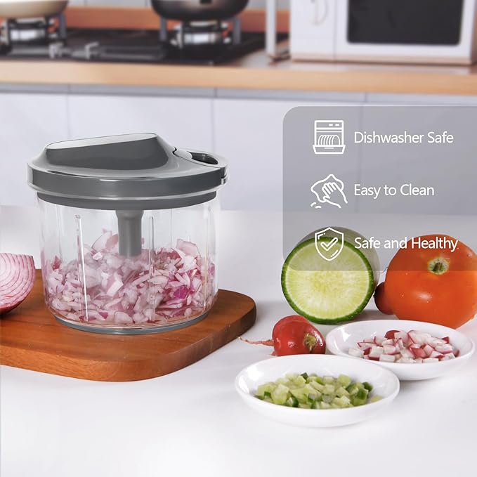 LHS Manual Food Processor Large Vegetable Chopper, 1000ML Pull String Chopper Garlic Mincer Onion Cutter for Veggies,Salad,Fruits, Nuts, BPA Free, GREY