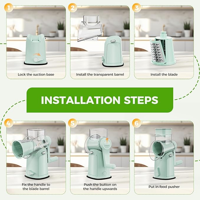 7 IN 1 Upgraded Rotary Cheese Grater with Handle – Vegetable Shredder with Built-in Storage Blade Slot, 5 Versatile Blades, Strong Suction Base Round Mandoline Slicer, Food Chopper for Kitchen