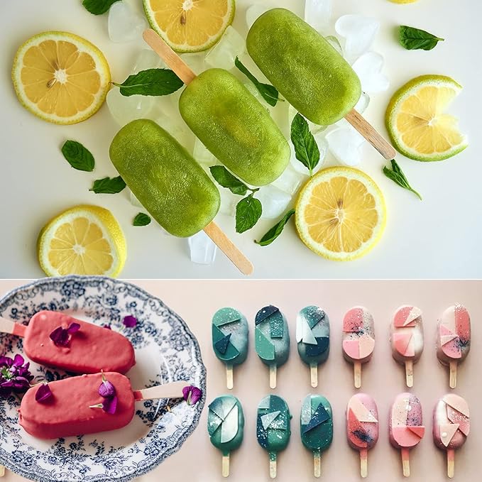 Sakolla 3 Pack Large Popsicle Molds 4 Cavities Cake Pop Silicone Molds Oval Ice Cream Cakesicle Molds for Homemade Ice Pop with 100 Wooden Sticks