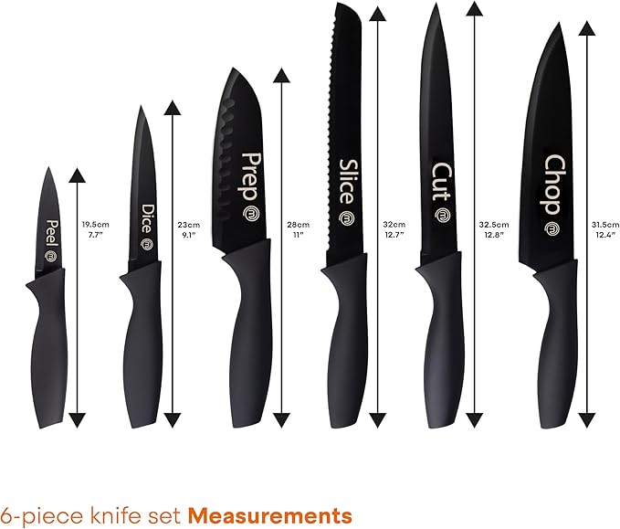 MasterChef Kitchen Knife Set with Covers, 6 Professional Chef Knives for Home Kitchens, Extra Sharp Cutting Stainless Steel Blades & Protective Sheaths, Soft-Touch Easy-Grip Handles, Essential Black
