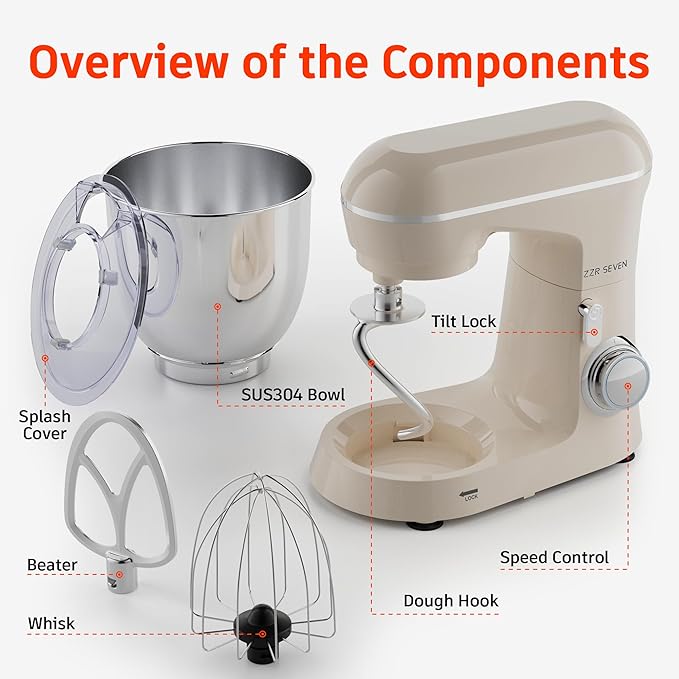 Stand Mixer, 5.5 Quart, 10 Speed Tilt-Head Kitchen Mixer, Copper Motor, Household Food Mixer with Bowl, Flat Beater, Dough Hook, Egg Whisk (450W Cream)