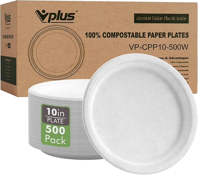 Vplus 500 Pack Compostable Disposable Paper Plates 10.25 inch Super Strong Paper Plates 100% Bagasse Natural Biodegradable Eco-Friendly Sugarcane (white)