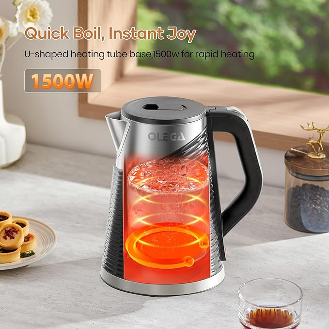 OLEGA Electric Kettle: 1500W 1.8L Electric Kettles for Boiling Water, BPA-Free Stainless Steel Electric Hot Water Kettle Auto Shut Off Water Boiler Tea Kettle Teapot for Tea Coffee Black