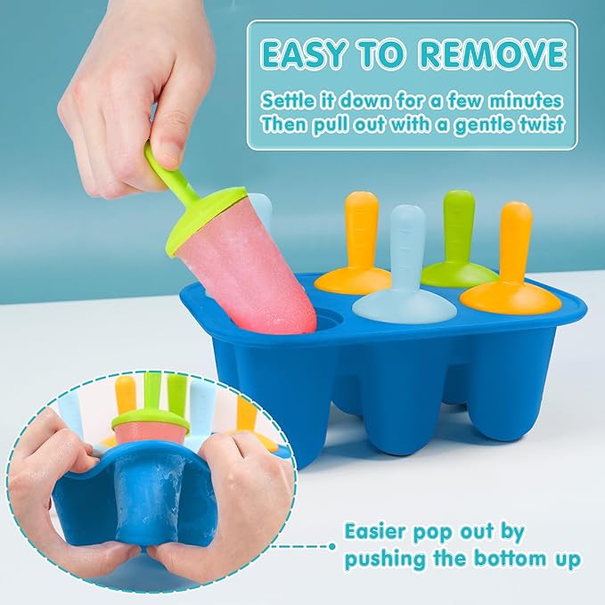 Miaowoof Silicone Popsicles Molds for Toddlers, 6-Cavity Non-BPA Premium Silicone Small Popsicle Molds, Ice Pop Mold with 6 Colorful Reusable Sticks for Kids (Blue)