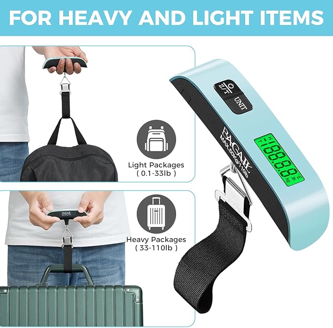 BAGAIL Digital Luggage Scale, 110lbs Hanging Baggage Scale with Backlit LCD Display, Portable Suitcase Weighing Scale, Travel Luggage Weight Scale with Hook, Strong Straps for Travelers