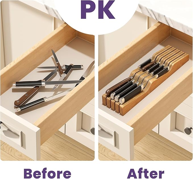 Bamboo In-Drawer Knife Block for 9 Knives(Not Included), Knife Drawer Organizer,Knife Holder Countertop,Block Knife Storage Organizer for Kitchen