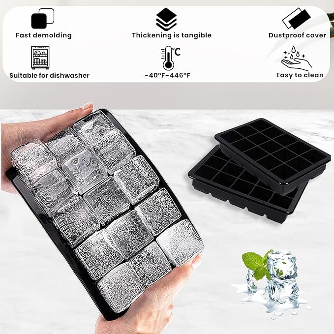Large Silicone Ice Cube Trays with Lid, Make 15 Ice Cubes per Tray, Include 7.7in Ice Tongs - Ideal for Freezer, Drinks