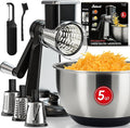 Joined Stainless Steel Rotary Cheese Grater with Elevated Stand and 5 Qt Mixing Bowl - Mandoline Slicer with 3 Stainless Steel Drum Blades-Cheese Shredder Round Mandoline & Food Chopper with Peeler