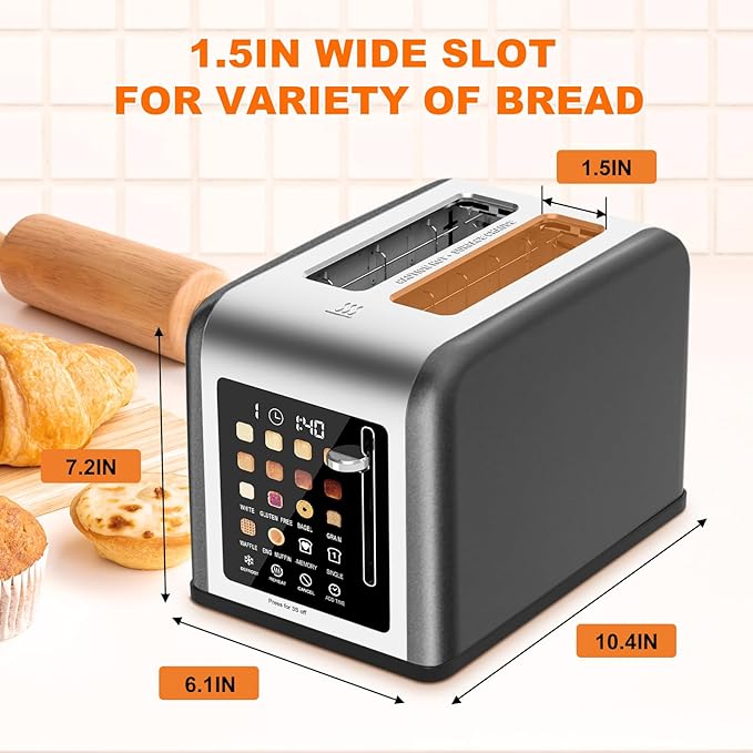 2 Slice Toaster Touch Screen, Stainless Steel Toasters Digital Timer 2 Slot Toasters, 8 Shade Settings 6 Bread Types for Bagel, Cancel, Defrost (Grey)