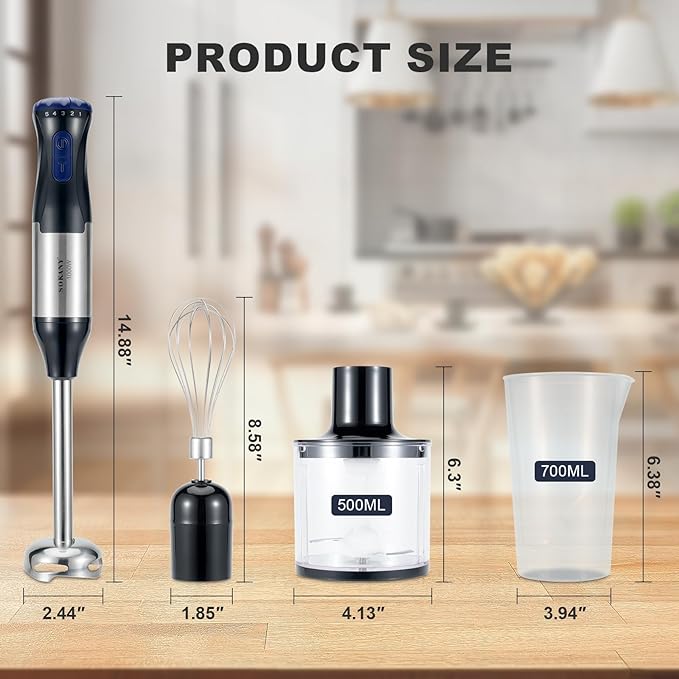 Immersion Blender, 4 in 1 Hand Bender Max 1000W, 5 Speeds & Turbo with Copper Motor Stainless Steel Blade, Handheld Blender Stick Mixer with Egg Whisk, 700ml Beaker & 500ml Chopper Bowl