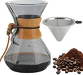 Mongdio 27 Oz Pour Over Coffee Maker with Stainless Steel Filter and Wooden Collar Holder, Borosilicate Glass Coffee Maker for Camping Home, 800ML/27OZ, Gray