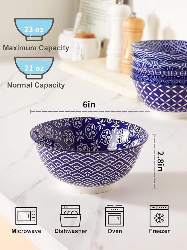 Ceramic Cereal Bowls, 23 Oz Blue and White Bowls, Porcelain Soup Bowl Set for Salad, Dessert, Pasta, Ice Cream,Set of 6