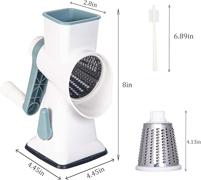 Rotary Cheese Grater Cheese Shredder, Cheese Grater Handheld with Strong Suction Base,Kitchen Vegetable Slicer 3 Replaceable Stainless Drum Blades for Fruit, Food, Nuts,Easy to Use Clean (White)