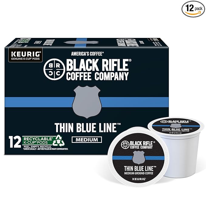Black Rifle Coffee Company Thin Blue Line, 12 Count, Medium Roast K Cups - Single Serve K Cups Coffee Pods - Kcup Pods Compatible with Keurig 1.0 & 2.0 - Made from Arabica Beans
