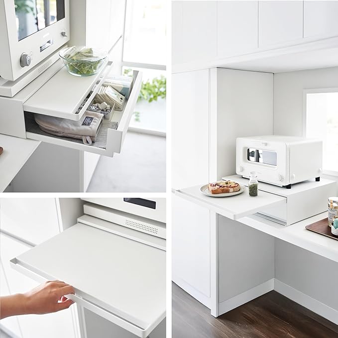 YAMAZAKI Home Tower Kitchen Countertop Organizer Appliance Stand with Drawer and Pull-Out Shelf – Steel Microwave Stand with Drawer, Modern Countertop Shelf Organizer, White, Space-Saving Design