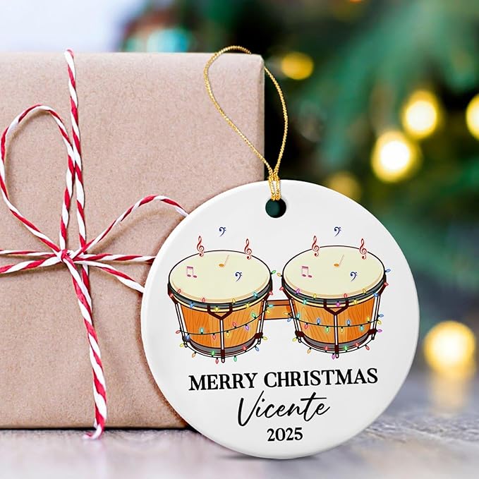 Awesome Bongo Drum Ceramic Ornament Gift for Women Men Dad Mom Brother Sister, Customized Text Year Name Instrument Player Christmas Ornament 2025, Personalized Bongo Drum Ceramic Christmas Ornaments