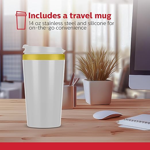 Holstein Housewares Personal Coffee Maker with 14oz Travel Mug – Compact One-Touch Brew Machine with Reusable Filter, Auto Shut-Off, Non-Stick Plate, Ideal for Home, Office, or Dorm. White & Gold