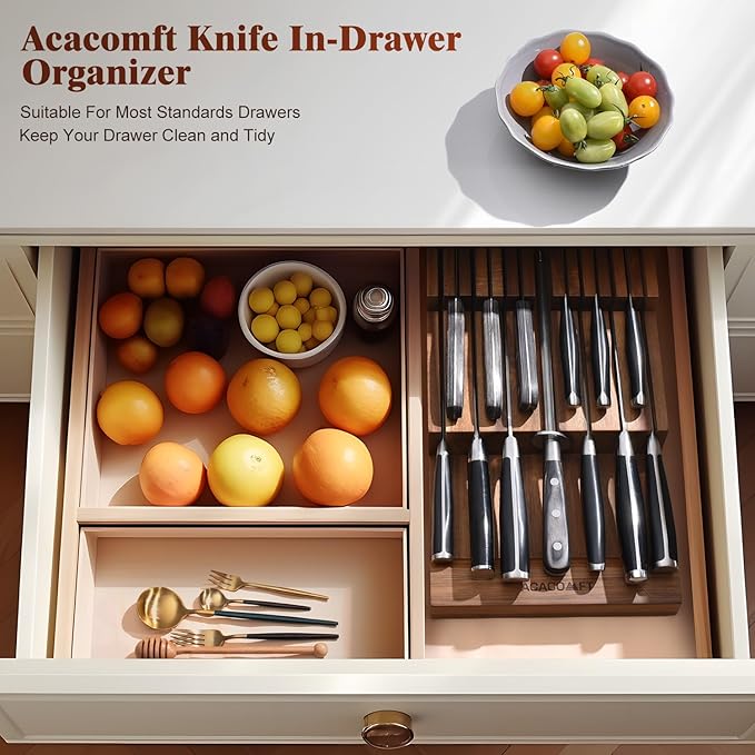 In-Drawer Knife Block, Acacia Wood Kitchen Knife Drawer Organizer, Knife Holder without Knives For Up to 12 Knives Steak Knife Chef Knife
