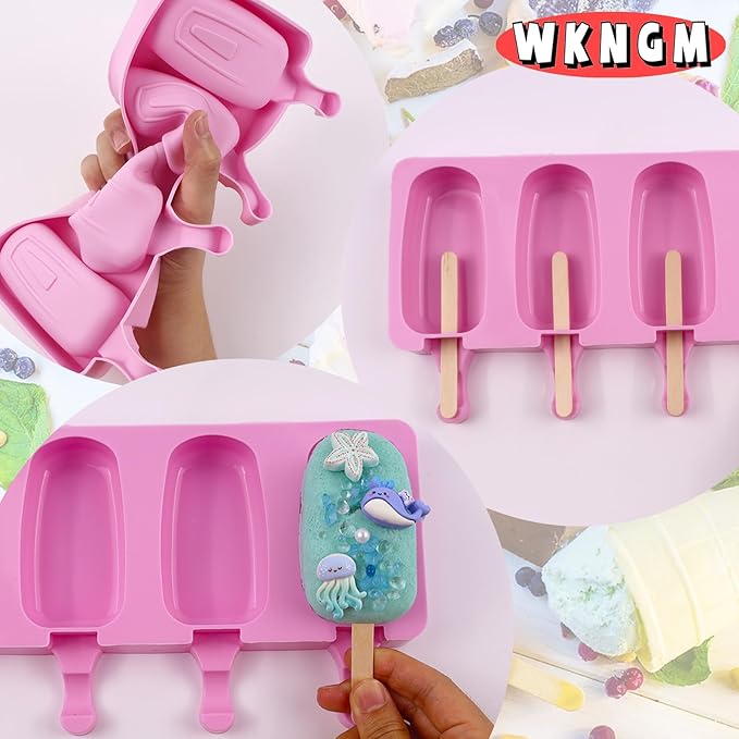3pcs Large Silicone Popsicle Molds with Lids,4 Cavities Cake Pop Molds,Oval Ice Cream Bar Mold Ice Pop Cakesicle Molds Silicone with 100 Wooden Sticks & 100 Bags &100 Twist Ties(Pink)