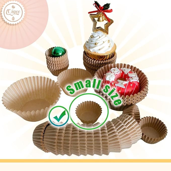 qiqee 600 Count Mini Cupcake Liners Natural Muffin Liners Food Grade Brown Baking Cups Paper No Smells（Small Size）