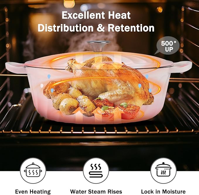 Enameled Oval Dutch Oven Pot with Lid, 7 QT Cast Iron Dutch Oven with Dual Handles for Cooking, Bread Baking, Frying, Non-stick Enamel Coated Oven (7 QT Gradient Pink)