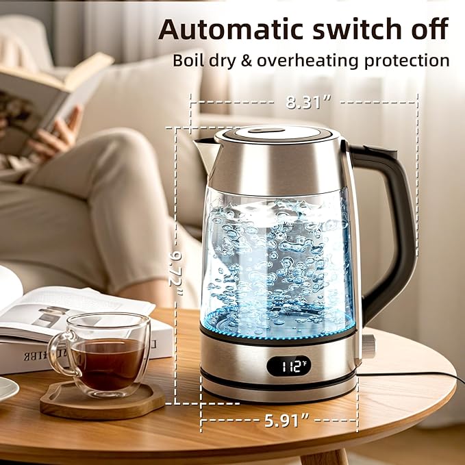 Kndko Electric Kettle,Temperature Adjustmenet, Stainless Steel Filter and Cover,1.7L Tea Kettle & Hot Water Boiler For Coffee & Tea, Automatic Shut Off,1500W, Black and Silver