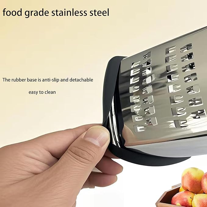 Professional 4-Sided Box Grater with Cut-Resistant Finger Cots - Stainless Steel Cheese & Vegetable Grater, Dishwasher Safe, Non-Slip Base & Ergonomic Handle - XL Multipurpose Kitchen Tool